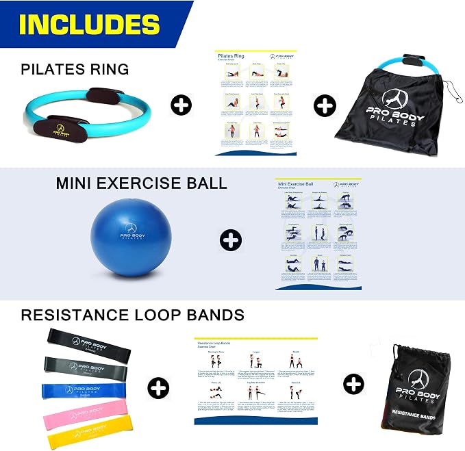 ProBody Pilates Home Workout Bundle (3pcs) - 14" Magic Circle, 9" Mini Exercise Ball and 5 Resistance Bands Bundle for Stability, Barre, Yoga, Core Training and Physical Therapy