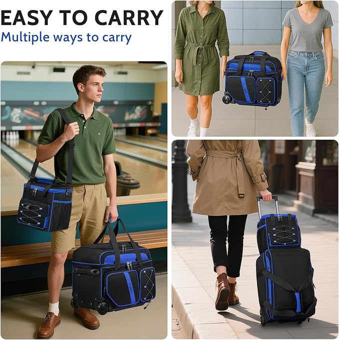 BOSSTIN 3 Ball Bowling Bag with Wheels, 2 Ball Bowling Bags Double roller with 1 Ball Add On Bag, Multi-Pockets & Shoe Compartment (Fits Up to Size 15)