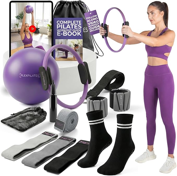 Pilates Ring Kit with Video Workout Guide, Studio Grade Anti-Deformation Pilates Kit with Ankle Weights for Women, Pilates Equipment Set for Beginner with Pilates Essentials kit for Women