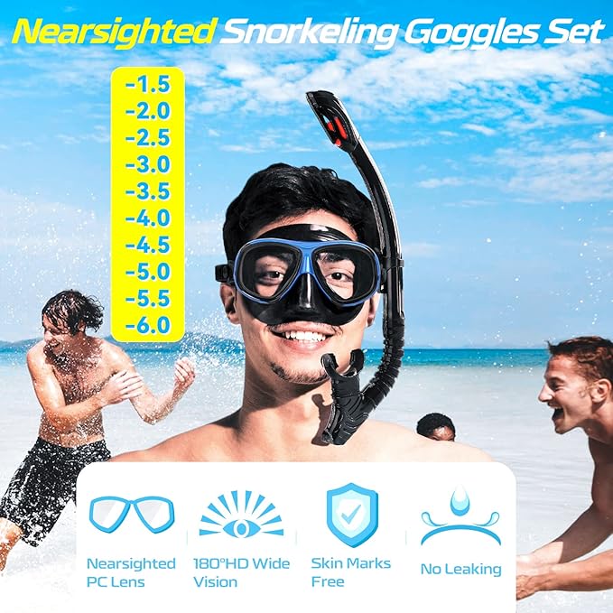 Nearsighted Snorkel Gear, Nearsighted Dry Snorkel Mask Set for Adult Youth, Nearsighted Anti Fog Diving Mask with Detachable Camera Mount & Adjustable Strap for Scuba Diving, Snorkeling, Freediving
