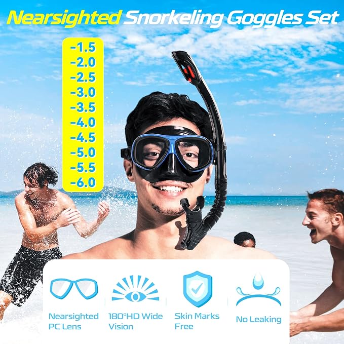 Nearsighted Snorkel Gear, Nearsighted Dry Snorkel Mask Set for Adult Youth, Nearsighted Anti Fog Diving Mask with Detachable Camera Mount & Adjustable Strap for Scuba Diving, Snorkeling, Freediving
