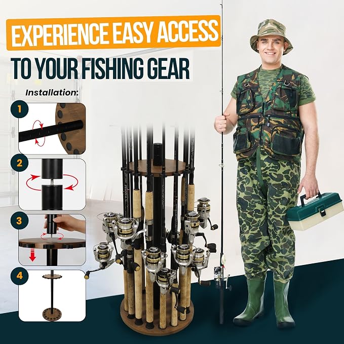Rush Creek Creations 16 Rod Fishing Pole Holder - Round Floor Mount Rack with Clips for Garage Organization, Dark Walnut Wood