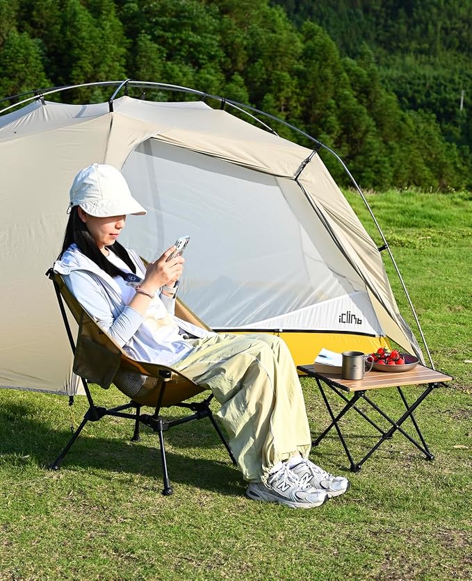 iClimb Ultralight Compact Camping Folding Beach Chair with Anti-Sinking Large Feet and Back Support Webbing (Brown - Square Frame - 2PC)