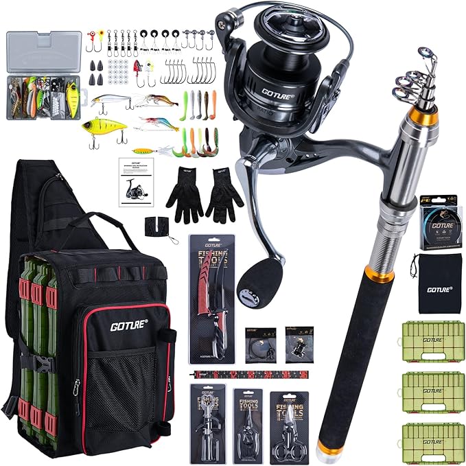 Goture Fishing Kits for Adult,Fishing Pole and Reel Combo, OpenSide Fishing Sling Tackle Storage Bag with 3 Tackle Boxes,Gift for Men
