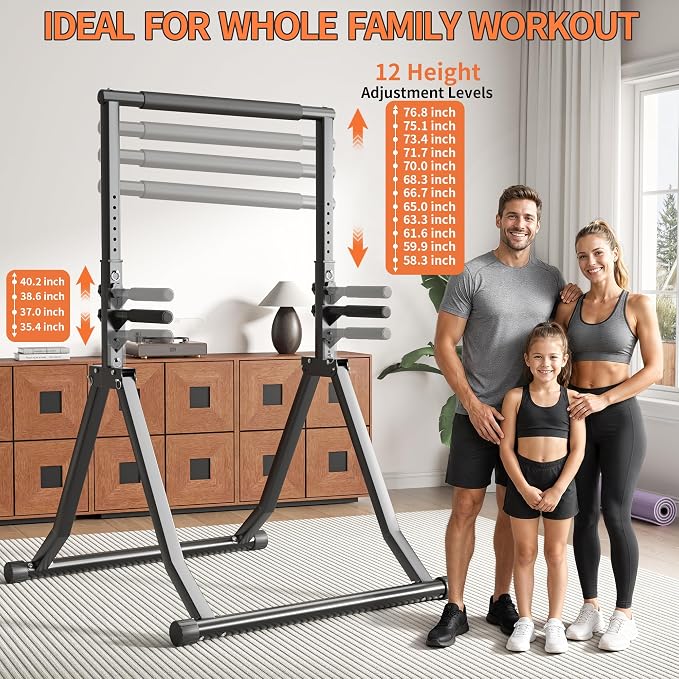 Foldable Power Tower Dip Station for Pull Ups, 58.3"-76.8" 12 Level 700 LBS, Adjustable Dip Handles & Assistance Bands Foldable Home Gym Equipment