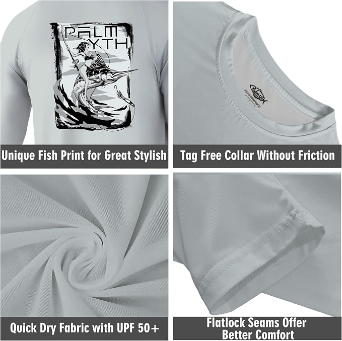 Palmyth Fishing Shirts for Men Long Sleeve UPF 50+ T Shirt Sun Protection | Quick Dry, Sun Protection, Myth-Cool Fabric, Fish Print, Moisture Wicking, Stretchy, Breathable, Fishing,Boating,Outdoor Wear