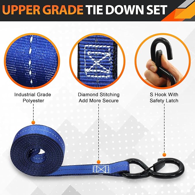 Ratchet Tie Down Straps Set, 2100 LBS Breaking Strength, 4 Pack 1" x 15' Heavy Duty Ratchet Straps, Cargo Strap, Motorcycle Straps for Trucks, Bicycle, Kayak, Moving, Tie Downs with S Hooks, Blue