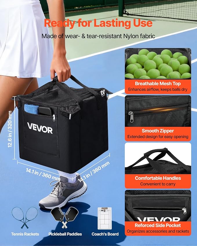 VEVOR Tennis & Pickleball Hopper Holds 200/175/150/120 Balls, 3-in-1 Tennis Foldable Pickleball Basket Cart for Easy Installation, Storage Bag for Tennis Training & Teaching