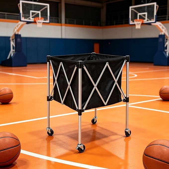 Foldable Tennis Ball Hopper Cart with Wheels, Portable Pickleball Volleyball Ball Basket Holder Caddy for Sports Training