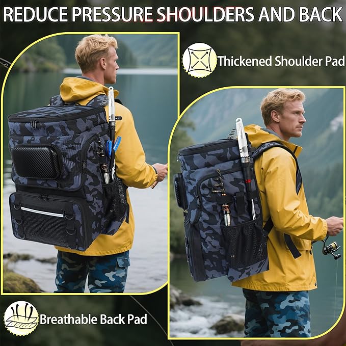 Fishing Backpack with Rod Holder, Large 50L Tackle Bag Water Resistant Tackle Backpack Heavy Duty Fishing Bag Gift for Men Woman