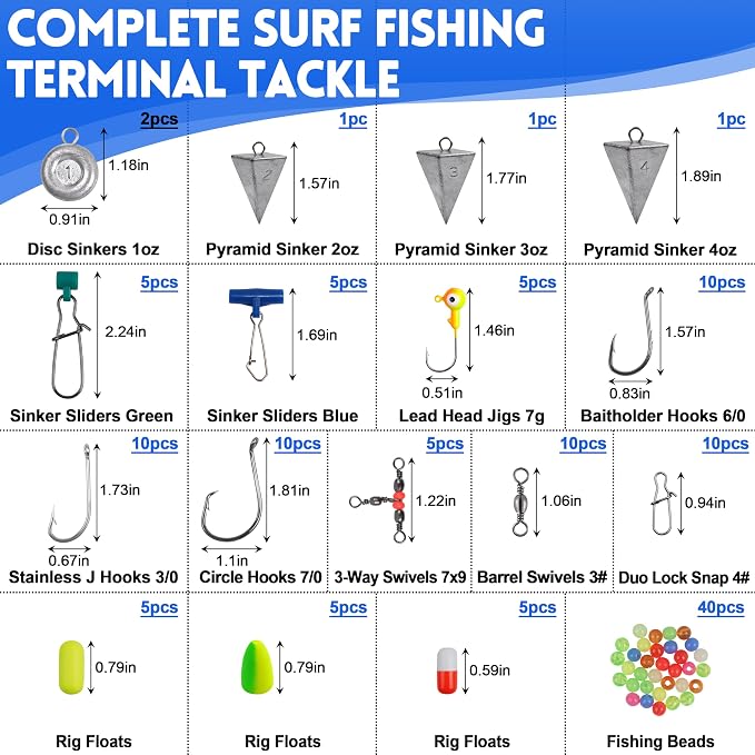 150pcs Ocean Saltwater Fishing Lures Surf Tackle Kit | Saltwater Surf Tackle Kit Ocean Fishing Lures Fish Finder Rigs Bucktail Jig Weight Sinker Leader Surf Fishing Accessories