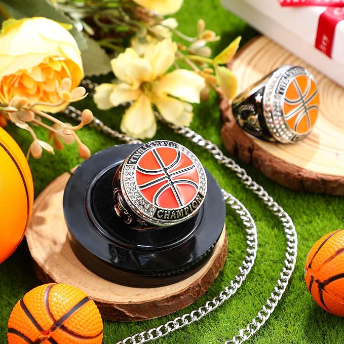 Highergo 10 Pcs Basketball Softball Baseball MVP Dancer Champion Trophy Ring with Display Stand Star Football Soccer Volleyball Golf Cheerleading Bowling Track Field