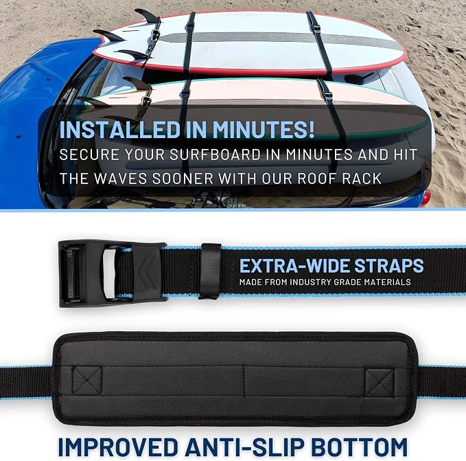 Hang 11 Surfboard Roof Rack - Soft Padded Surfboard Rack for Car, No-Scratch Buckles, Fits Most Vehicles Without Crossbars, Extra-Wide 1.5” Straps, Carries up to 6 Boards (Double / 6 Boards)