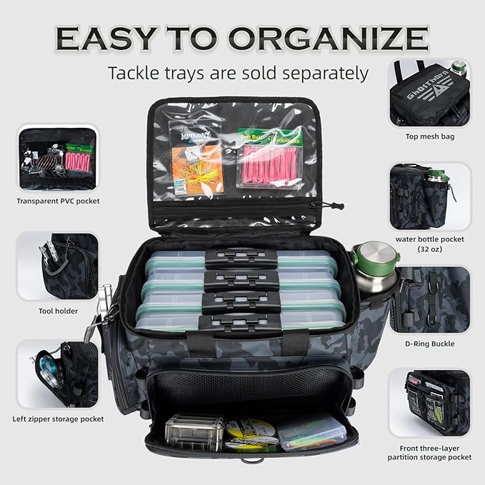 Ghosthorn Fishing Tackle Bag with Rod Holder Saltwater & Freshwater Resistant Large Tackle Box Bag - Waterproof Base, Adjustable Padded Shoulder Strap (Black Camouflage)