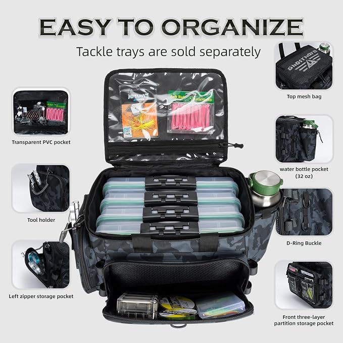 Ghosthorn Fishing Tackle Bag with Rod Holder Saltwater & Freshwater Resistant Large Tackle Box Bag - Adjustable Padded Shoulder Strap (Black Camouflage)