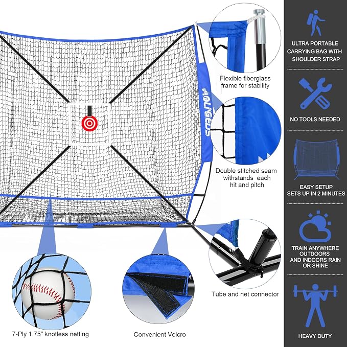 6'X6' Baseball Softball Practice Net,Pitching Net,Batting Net,with Bonus Strike Zone,Target and Bow Frame,for Hitting,Pitching,Catching