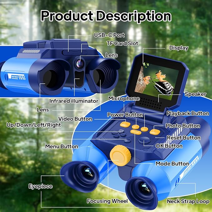 Binoculars for Kids with Night Vision Camera, 10x Optical Magnification Digital Kids Binocular with 2.4" HD Screen & 20 Games, STEM Outdoor Exploration Toys Gifts for Boys Girls Age 4-8-12+(Blue)