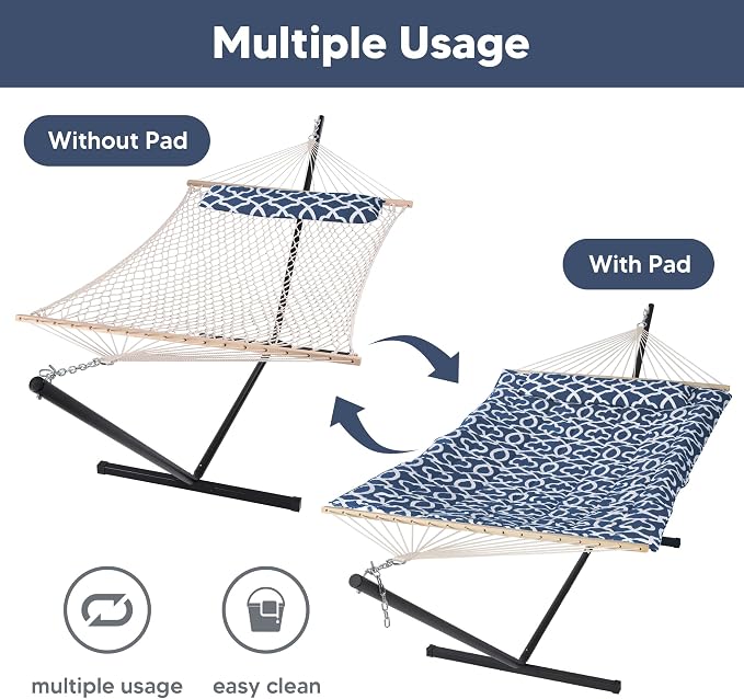 SUNCREAT Double Portable Hammock with Stand Included, 475 lbs Capactiy, Extra Large Two Person Hammock, Blue Pattern