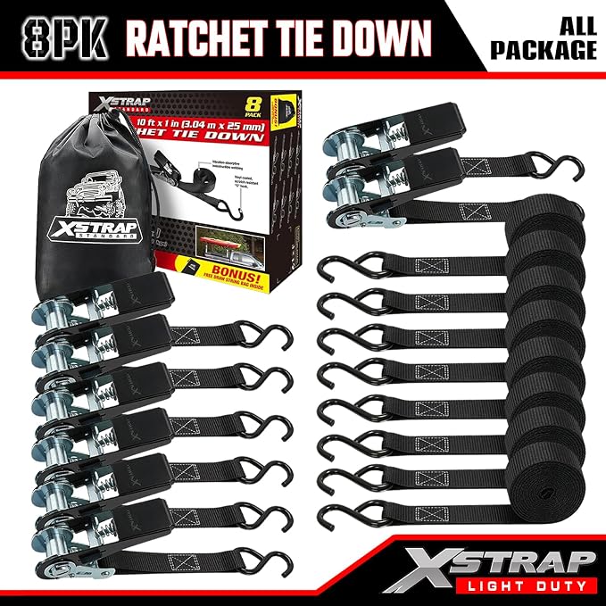 XSTRAP STANDARD 8-Pack Ratchet Tie Down Straps, 1" x 10ft, 900lb Break Strength Heavy Duty Straps for Motorcycles, ATVs, Lawn Equipment, Appliances & Truck Cargo - Black