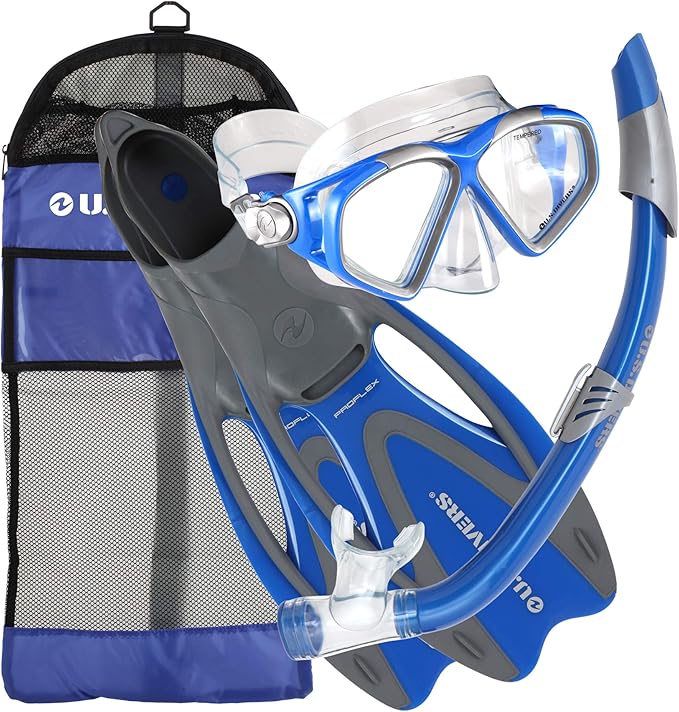 U.S. Divers Cozumel Snorkeling Set. Adult Snorkel Mask, Snorkel, Fins, and Travel Bag, X-Large 11.5 - 13, Electric Blue