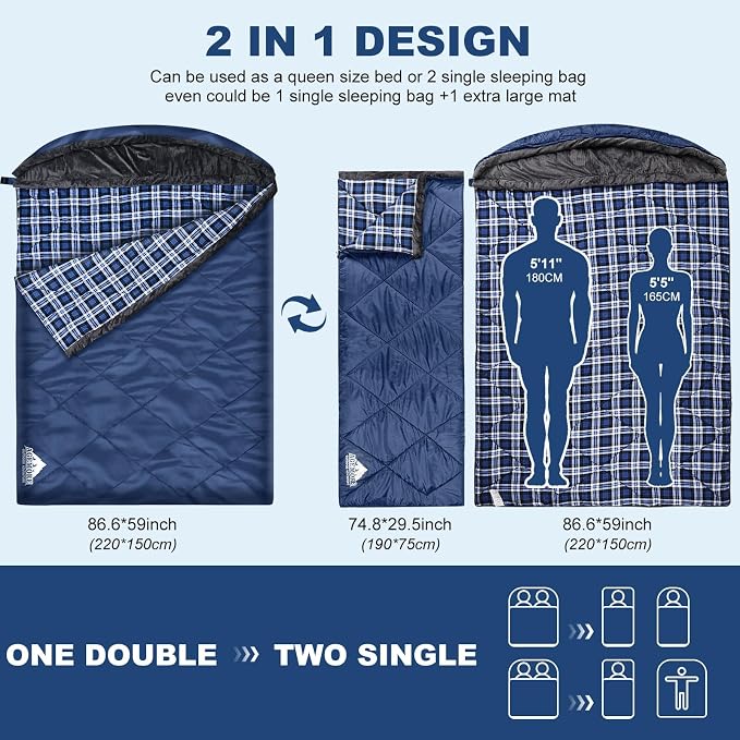 Cotton Flannel Double Sleeping Bag with Fleece Lined Hood, Waterproof Queen Size 2 Person Sleeping Bag for Adults Cold Weather Camping Backpacking or Hiking, 3-4season
