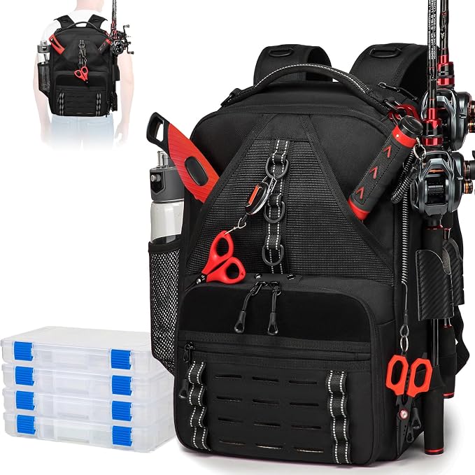 Fishing Tackle Backpack,Tackle Bags with 2 Rod Holders & 4 Tackle Boxes, Water-Resistant Large Tackle Bag Storage Bag for Fishing Gear, Fisher Gifts for Men, Black