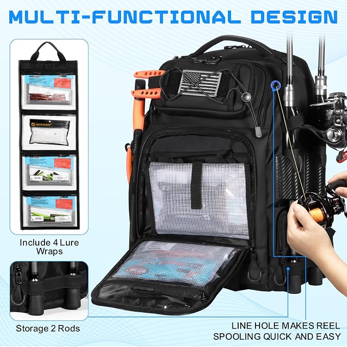 50L Fishing Tackle Backpack with Removable Lure Wraps,Include (4) 3600 Tackle Boxes, 2 Rod Holders Storage Fishing Gear and Equipment