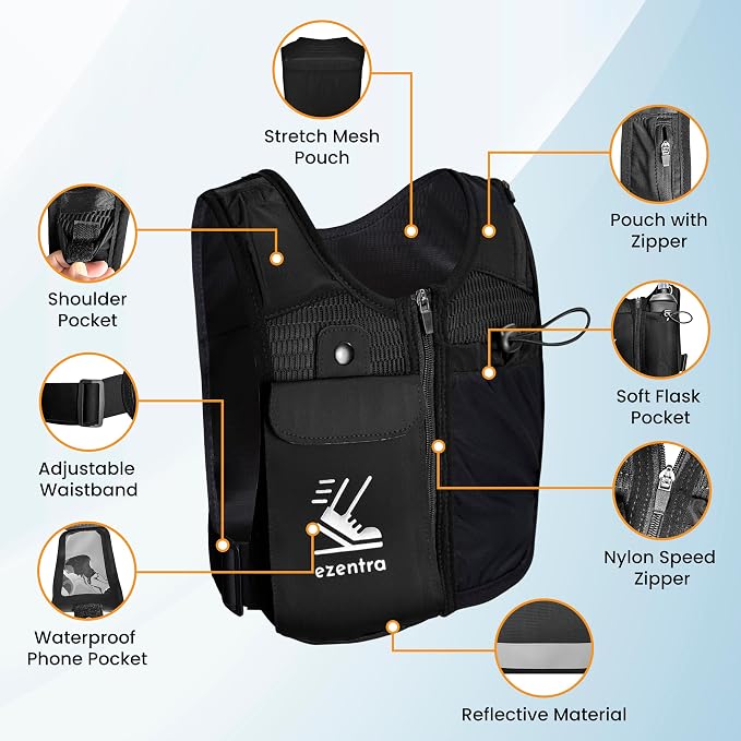 Running Vest Zip, Reflective Running Vests with 6 Pockets, 500ml Hydration Bottle, Adjustable Chest & Waistband, Breathable Material, Chest Pack Gear, Phone Holder, Men & Women