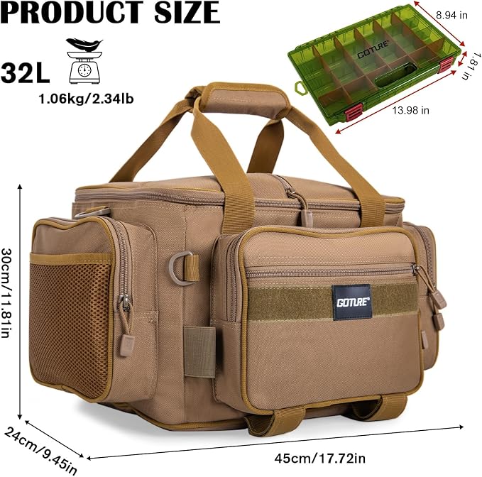 Goture Fishing Tackle Bag with 2PCS 3700 Tackle Boxes | 600D Water-Resistant, Rod Straps, Detachable Bottle Pouch, SBS Zippers, Freshwater & Saltwater Gear Storage Fishing Bag