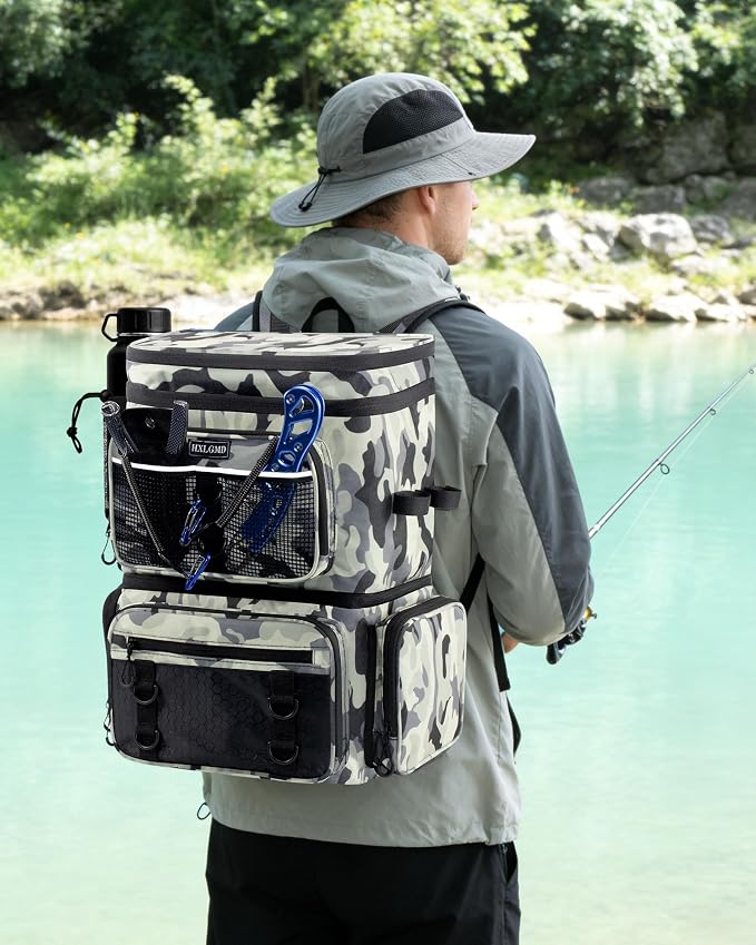 HXLGMD Fishing Backpack with Rod Holders, Double Layer Large Water-resistant Tackle Bag Store Gear with Cooler, Grey