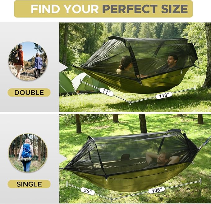 Sunyear Camping Hammock Tent - Portable Hammocks with Mosquito Net (Single/Double, 500lbs Capacity) - Spacious & Anti-Rollover Design with 2 Tree Straps for Hiking, Backpacking, Indoor/Outdoor Use