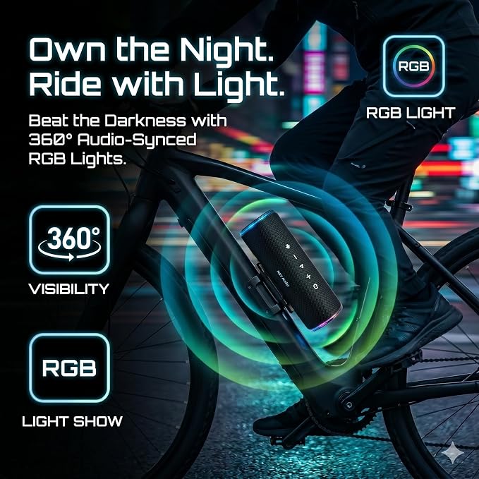 Bass Boosted Bluetooth Bike Speaker, IPX7 Waterproof | 30W RMS (40W Peak) Portable Wireless Outdoor Audio, 25H Playtime, LED Lights, TWS Pairing for Pool, Shower, Gifts (Black)