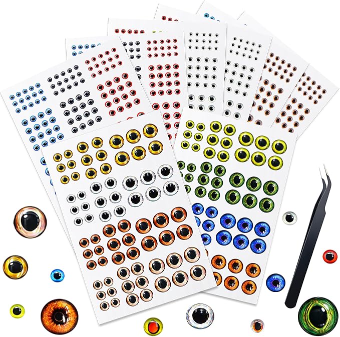 3D 4D 5D Fishing Lure Eyes Assortment with 1 Piece Tweezer for Making Fish Bait Fly Tying Streamers Crafts DIY Accessory (6 Sizes: 3 mm/ 4 mm/ 5 mm/ 6 mm/ 8 mm/ 10 mm)