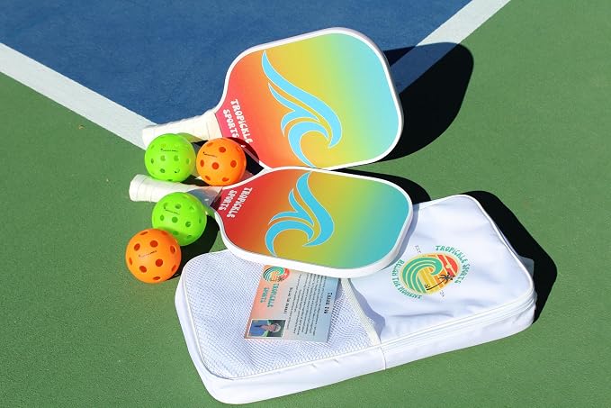 Tropical Pickleball Paddle Set - High Performance Lightweight and Durable Paddle Set of 2 with Carrying Case - 4 Pickleballs - Carbon Fiber Surface with Polypropylene Honeycomb Core
