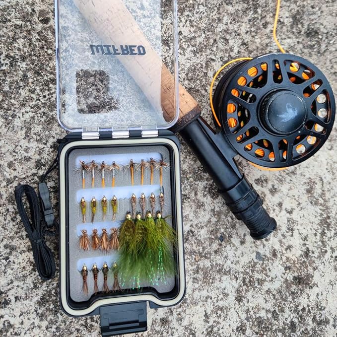 Wifreo Fly Fishing Flies Assortment with Waterproof Fly Box, 28/40/64/92/120pcs Dry/Wet/Nymph/Streamer Flies, Trout/Bass/Panfish/Salmon Fishing Flies