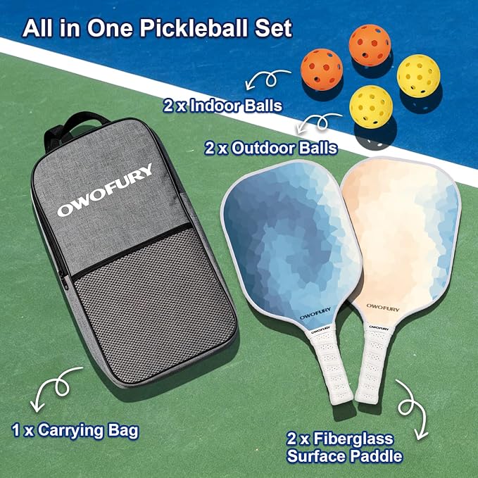 Fiberglass Pickleball Paddles Set of 2, Pickle Ball Racket Lightweight Honeycomb Core Control Paddle, with 4 Indoor Outdoor Balls and Bag for Men Women