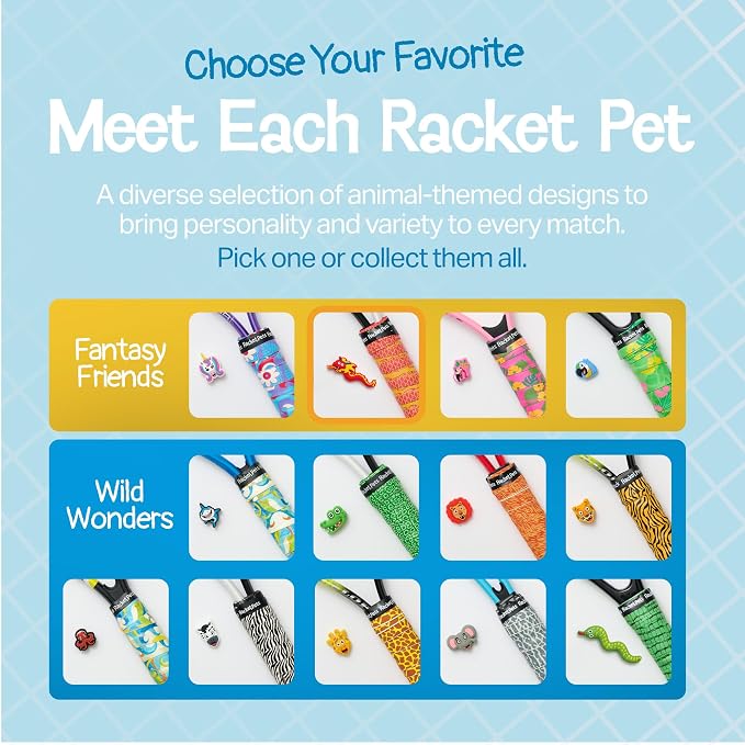 Racket Pets Kids Tennis Racket Dampener & Matching Overgrip Tape, Performance Shock Absorbing Dampener for Tennis Racket & Fun Animal Print Tennis Wrap Grip Tape