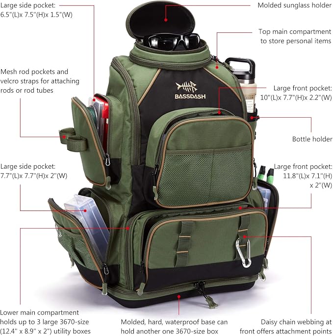 BASSDASH Fishing Tackle Backpack Water Resistant Tactical Bag Soft Tackle Box with Rod Holder and Protective Rain Cover
