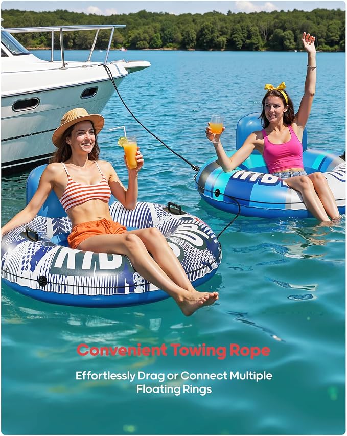 QPAU Inflatable River Tube, 0.4 mm Thickened Puncture-Resistant Heavy Duty River Float, River Raft with Ergonomic Backrest, Mesh Bottom & 2 Cup Holders for Family Friends Lake Float