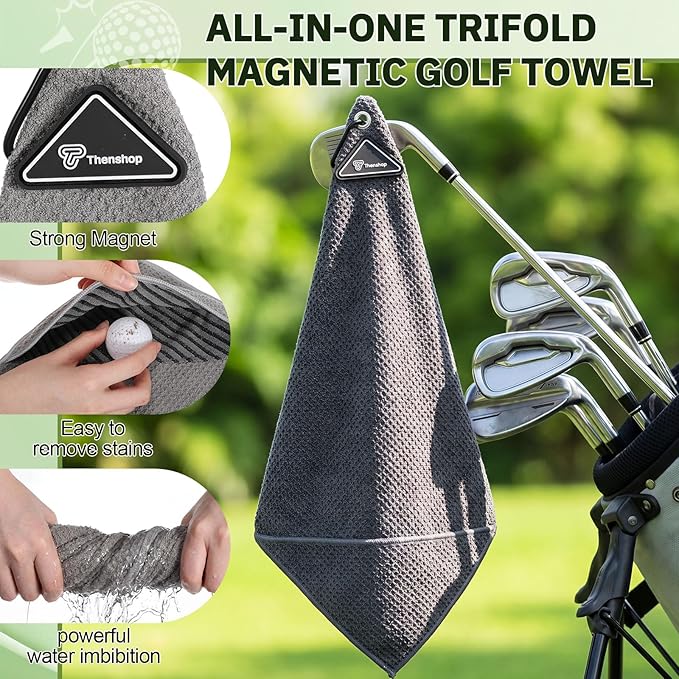 Thenshop 3 Pack Magnetic Golf Towels with Clips 16 x 16 Waffle Microfiber Cleaning Cloth with Internal Scrubbing Pocket and Carabiner Golf Accessories for Bags Carts Clubs Men Women