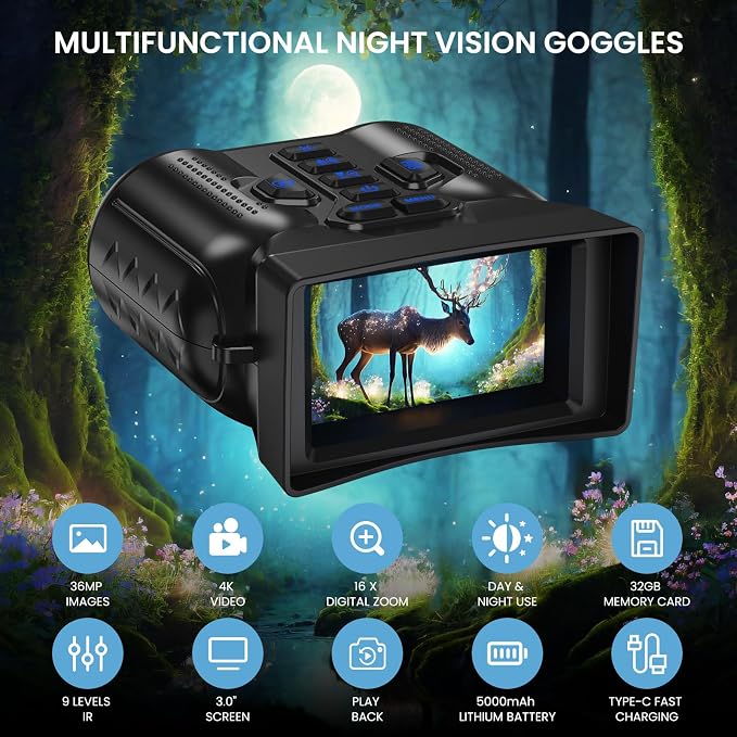 Night Vision Goggles,4K Night Vision Binoculars for Adults with 5000mAh Rechargeable Battery,1000FT Infrared Range,16X Zoom,32GB TF Card,Photo&Video Recording,Compact Design,Ideal Gifts for Men