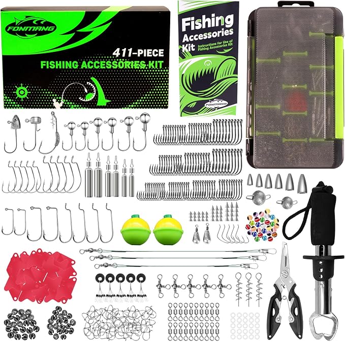 FONMANG 322-Piece Fishing Lures Kit - Buzz Bait/Spinner Baits/Jig/Frog, Fishing Tackle Box with Tackle Included, Soft Bait/Hooks/Weights, Fishing Gear Lure Kit Gift for Men Freshwater Bass Trout