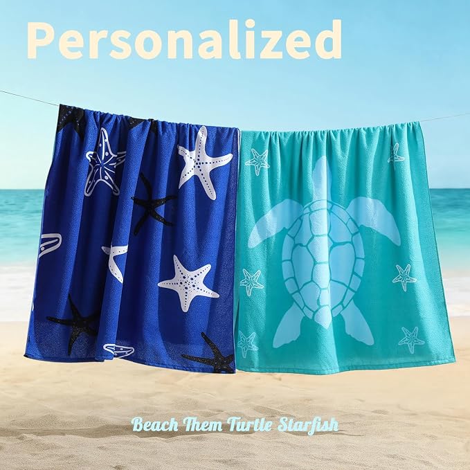 Oversized Beach Towels 4 Pack,40”x70” Microfiber Thin Large Beach Towel Set for Adults Travel Camping Swimming,Turtle Starfish Them Sand Free Quick Dry Lightweight XL Pool Towels -Blue & Green Pine
