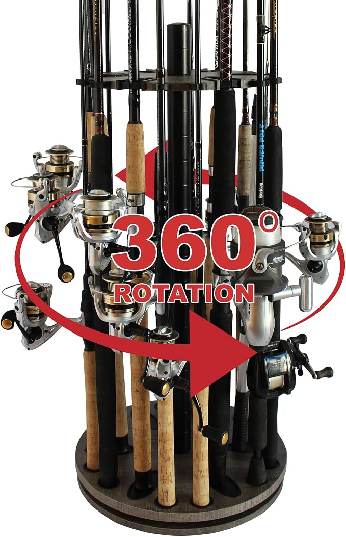 Rush Creek Creations Fishing Rod Holder - 360 Spinning Rack for Garage Organization and Storage, Pole Holder for Reels, Gear, Accessories, Tackle Box