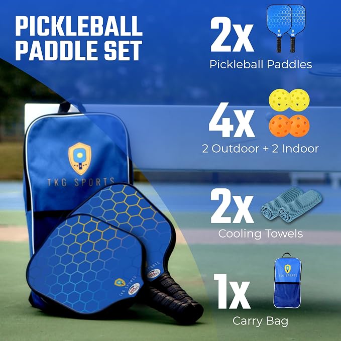 TKG Sports Pickleball Set with Bag - 2 14mm Honeycomb Core Paddles | 2 USAPA Approved Pickleball Paddles, 2 Indoor and 2 Outdoor Pickleball Balls, 2 Cooling Towels - Rackets for Adults and Teens