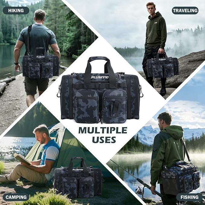PLUSINNO Tackle Bag - Expandable Fishing Bag with fishing tools for Saltwater & Freshwater - Water Resistant Fishing Gear Shoulder Bag For Men, All-purpose Carrying Bags for Outdoors