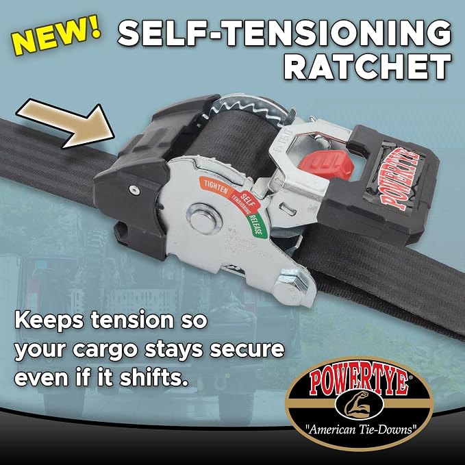 PowerTye *NEW* 2 inch x 10ft Long Retractable Ratchet Tie Down Strap with S-Hooks - Self-Retracting Ratchet, 800 lb W.L.L., Ideal for Motorcycle, ATV, Cargo, Includes Storage Bag, Black (Pair)