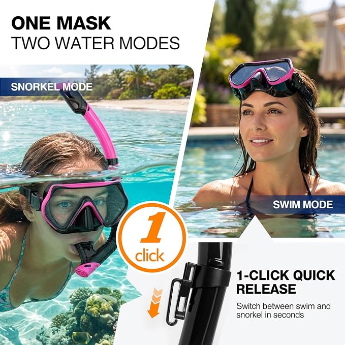 DRMAWIN Snorkeling Gear for Adults & Kids, Dry-Top Snorkel Set with 180° Tempered Glass Mask, Anti-Fog Anti-Leak, Travel Mesh Gear Bag