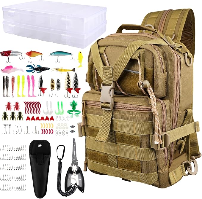 139PCS Tackle Box Backpack,Fishing Backpack with Accessories,Tackle Bag Fishing Tool Kit Fish Pliers Salt Water Fishing Tackle Set for Men Women Gifts (Brown)