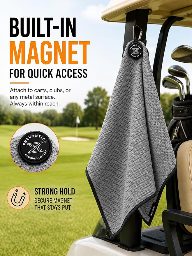 Magnetic Golf Towel with Cleaning Pocket, 24"x16" Ultra-Absorbent Waffle Microfiber Golf Towel with Magnet & Clip for Golf Bag, Carts and Clubs, Golf Accessories Gift for Men Women Golfers